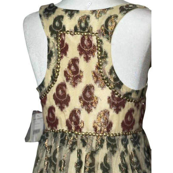 NEW Defects Free People Shimmering Champagne Paisley Mini Dress Sz 4 Green Red - Picture 9 of 13